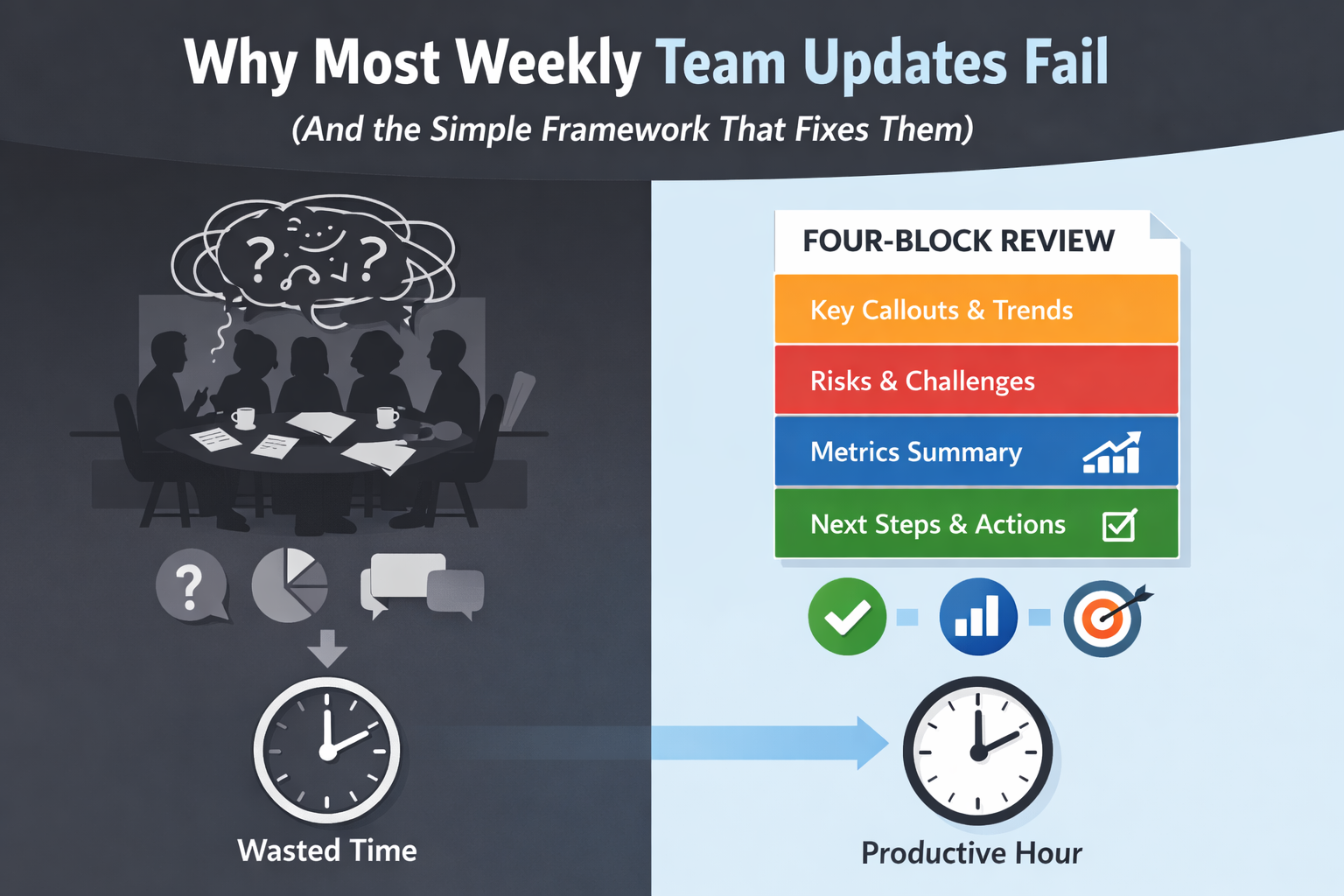 Minimalist illustration of a structured business review framework bringing clarity to team meetings