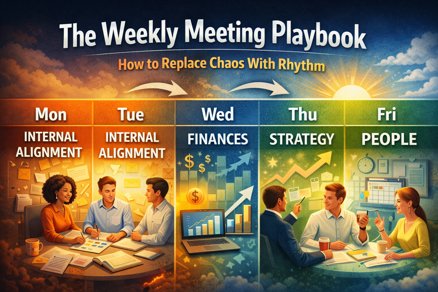 Abstract visual of a structured weekly rhythm replacing chaotic meetings